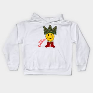 Smiley Face with Christmas Tree Hat and Christmas Stocking | Merry Xmas Kids Hoodie